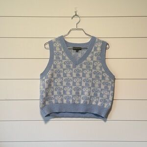 Almost Famous Sky Blue and White Knit Mushroom Checkered Vest whimsy Cottagecore